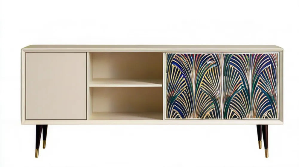Kremowa szafka RTV MDF z dekoracyjnymi frontami Art Déco 160 x 40 x 75 cm