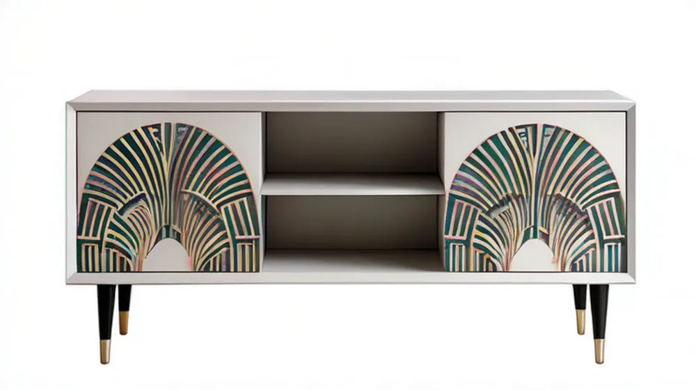 Biała komoda art déco z dekoracyjnymi frontami, 160 x 40 x 70 cm
