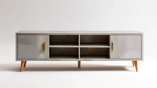 Szara szafka RTV z MDF na drewnianych nogach, 180 × 40 × 55 cm