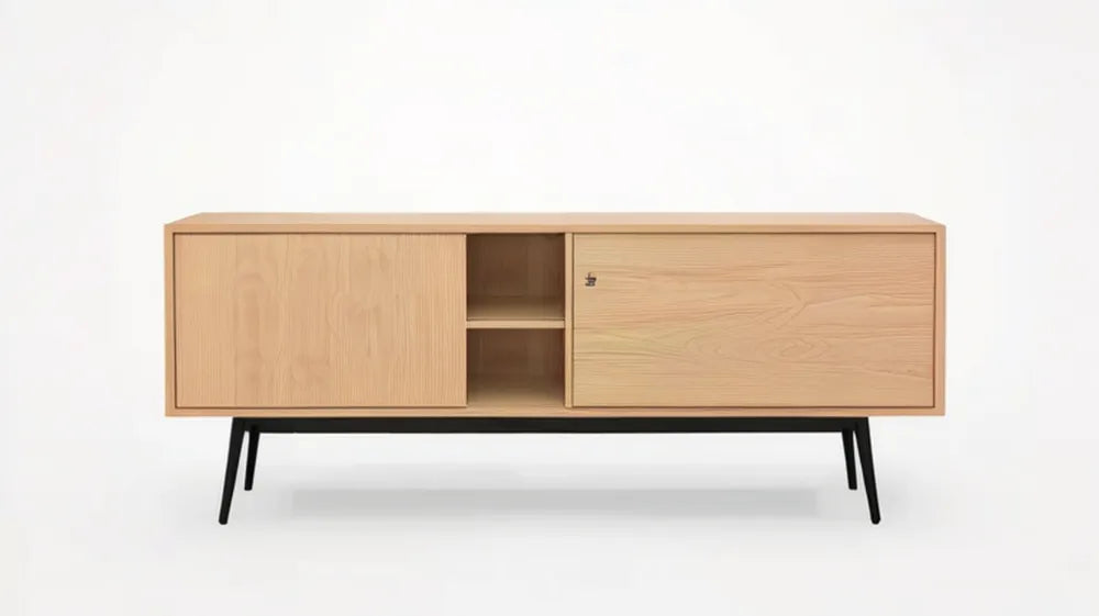 Szafka RTV z forniru dębowego na czarnych stalowych nogach, 180 x 40 x 70 cm