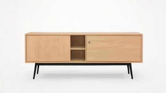 Szafka RTV z forniru dębowego na czarnych stalowych nogach, 180 x 40 x 70 cm