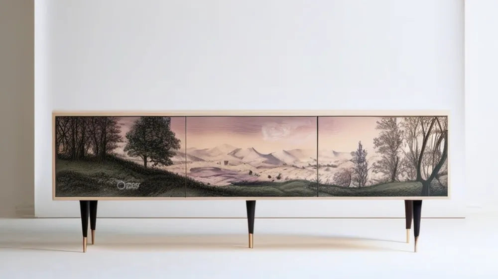 Szafka RTV z MDF z panoramicznym nadrukiem krajobrazu, jasnobeżowo-różowo-czarno-złota, 180 × 40 × 60 cm