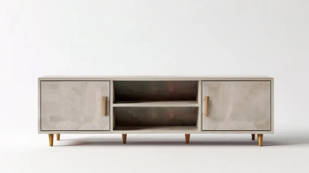 Beżowa szafka RTV z MDF 180 x 40 x 60 cm, 2 drzwi i 2 otwarte półki
