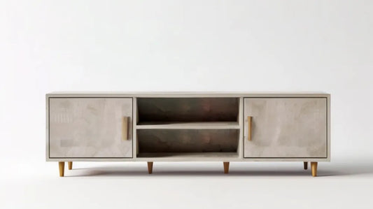 Beżowa szafka RTV z MDF 180 x 40 x 60 cm, 2 drzwi i 2 otwarte półki
