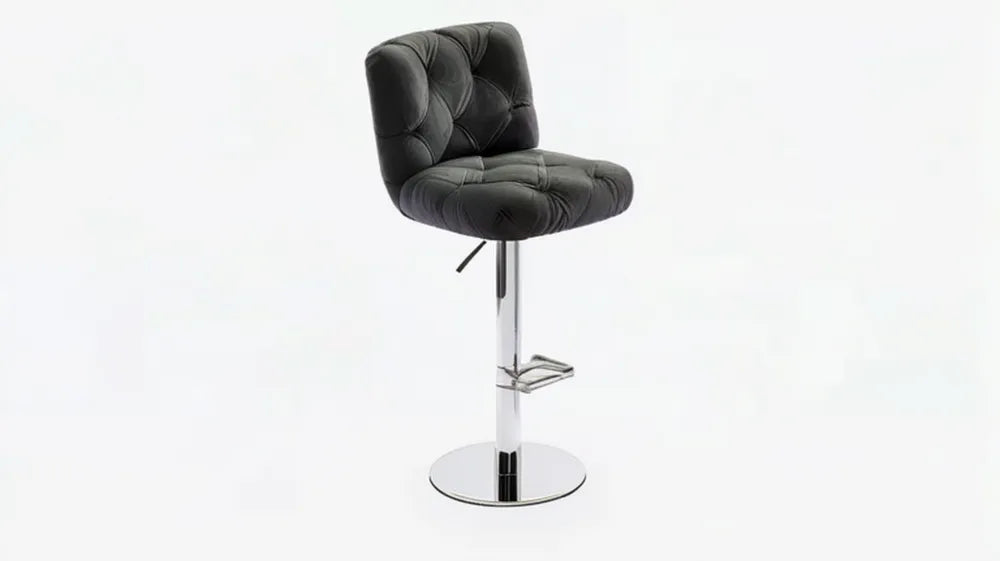 Czarny hoker barowy obrotowy z pikowanym oparciem, chromowana podstawa, 50 x 52 x 93–114 cm