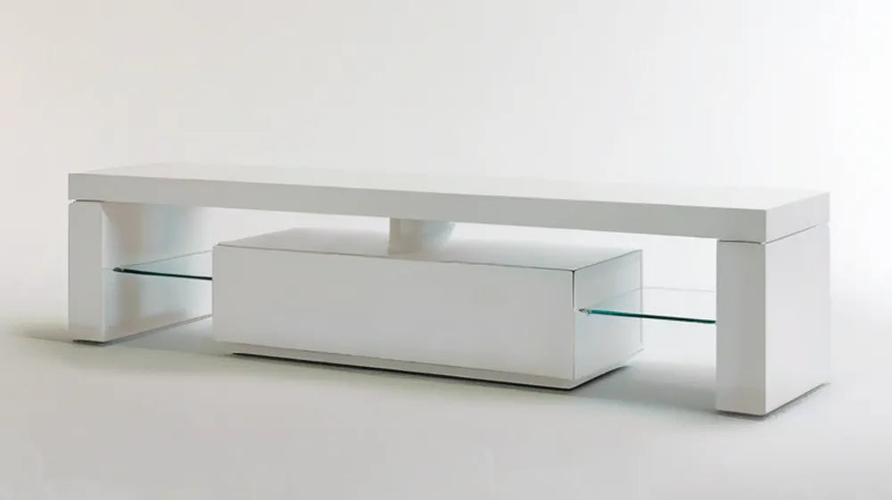 Biała szafka RTV z lakierowanej płyty MDF i szkła hartowanego, 180 × 45 × 45 cm