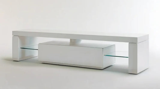 Biała szafka RTV z lakierowanej płyty MDF i szkła hartowanego, 180 × 45 × 45 cm