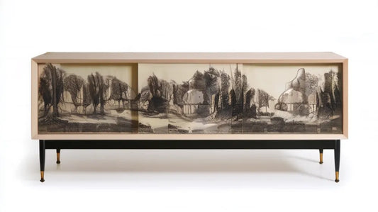 Prostokątna szafka RTV z płyty MDF z nadrukiem krajobrazu, beżowa, 180 x 45 x 75 cm
