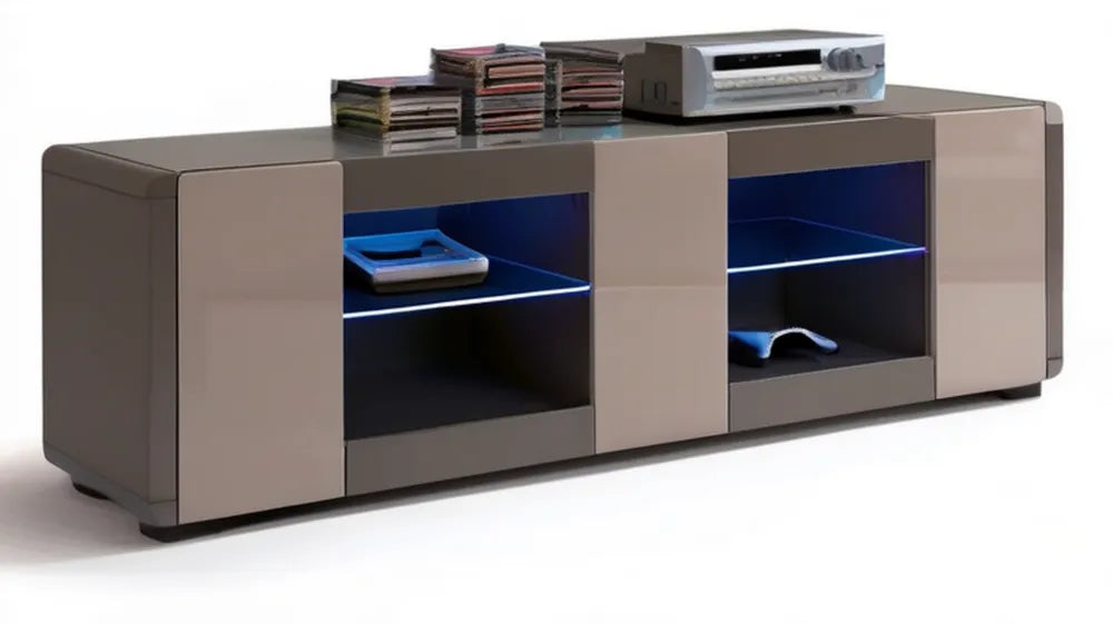 Szafka RTV z płyty MDF taupe z niebieskim oświetleniem LED, 200 × 45 × 60 cm